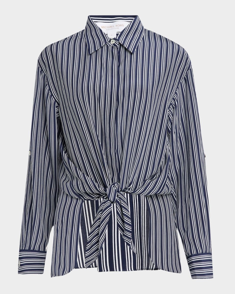 Tie-Front Capri Striped Cree De Chine Shirt